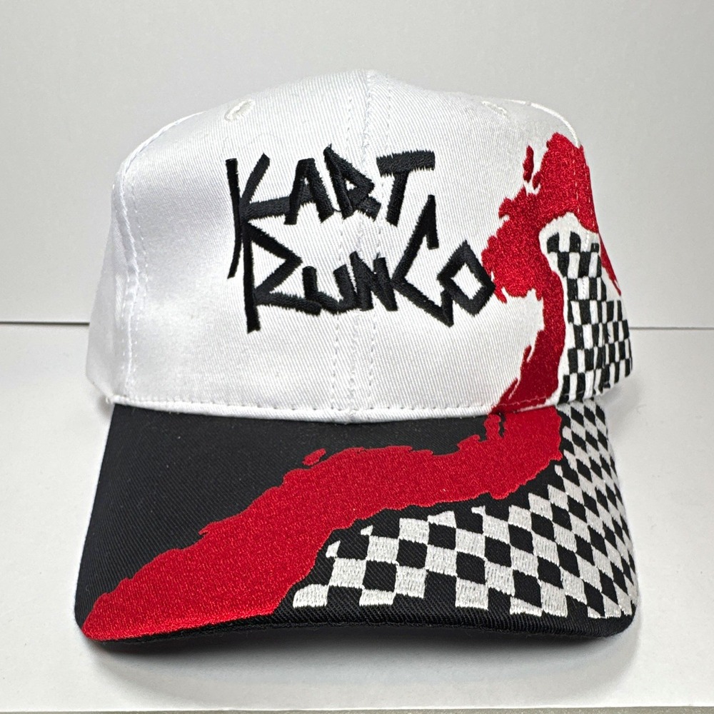 Vintage Nissun Kart Racin Hat Leather Strapback Check Flag Flame Embroidered 90s